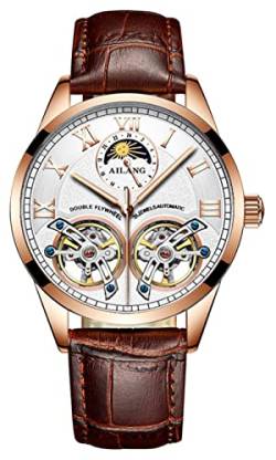 B BINGER Skelett Uhren Herren Automatik Mechanische Ailang Dual Balance Räder Armbanduhren (Roségold Weiß) von B BINGER