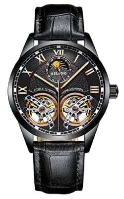 B BINGER Skelett Uhren Herren Automatik Mechanische Ailang Dual Balance Räder Armbanduhren (Schwarz) von B BINGER
