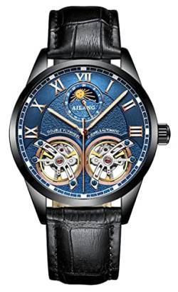 B BINGER Skelett Uhren Herren Automatik Mechanische Ailang Dual Balance Räder Armbanduhren (Schwarz Blau) von B BINGER