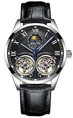 B BINGER Skelett Uhren Herren Automatik Mechanische Ailang Dual Balance Räder Armbanduhren (Silber Schwarz) von B BINGER