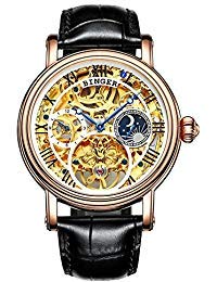 B BINGER Skelett Uhren Herren Automatik Selbstaufzug Mechanische Leder Armband(Golden und weiß) von B BINGER