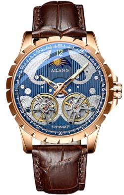 B BINGER Skelett Uhren für Herren Automatik Mechanische Ailang Armbanduhr mit Dual Balance Räder (Roségold Blau) von B BINGER