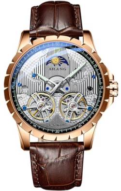 B BINGER Skelett Uhren für Herren Automatik Mechanische Ailang Armbanduhr mit Dual Balance Räder (Roségold Weiß) von B BINGER