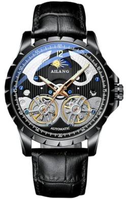 B BINGER Skelett Uhren für Herren Automatik Mechanische Ailang Armbanduhr mit Dual Balance Räder (Schwarz) von B BINGER