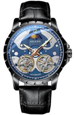 B BINGER Skelett Uhren für Herren Automatik Mechanische Ailang Armbanduhr mit Dual Balance Räder (Schwarz Blau) von B BINGER