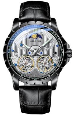 B BINGER Skelett Uhren für Herren Automatik Mechanische Ailang Armbanduhr mit Dual Balance Räder (Schwarz Weiß) von B BINGER