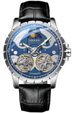 B BINGER Skelett Uhren für Herren Automatik Mechanische Ailang Armbanduhr mit Dual Balance Räder (Silber Blau) von B BINGER