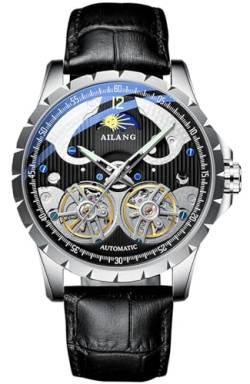 B BINGER Skelett Uhren für Herren Automatik Mechanische Ailang Armbanduhr mit Dual Balance Räder (Silber Schwarz) von B BINGER
