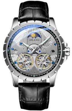 B BINGER Skelett Uhren für Herren Automatik Mechanische Ailang Armbanduhr mit Dual Balance Räder (Silber Weiß) von B BINGER