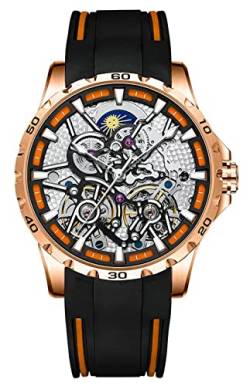 B BINGER Skelett Uhren für Herren Automatik Mechanische mit Dual Balance Räder (Roségold Orange) von B BINGER