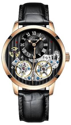 Herren Automatik Uhren Skelett Ailang Serie Lederband Männer Armbanduhr (Gold Schwarz) von B BINGER