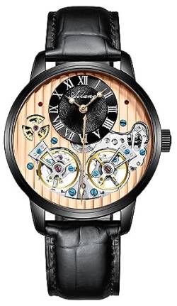 Herren Automatik Uhren Skelett Ailang Serie Lederband Männer Armbanduhr (Rosé Gold Schwarz) von B BINGER