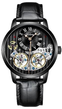 Herren Automatik Uhren Skelett Ailang Serie Lederband Männer Armbanduhr (Schwarz) von B BINGER