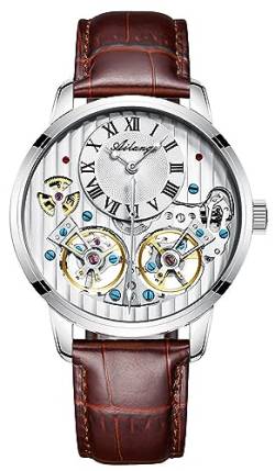 Herren Automatik Uhren Skelett Ailang Serie Lederband Männer Armbanduhr (Silber Weiß) von B BINGER