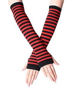 B-HOT Warme fingerlose Handschuhe, dehnbar, gestrickt, Daumenloch, Sonnenschutz, lange Arme, gestreift, rot / schwarz, One size von B-HOT