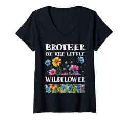 Damen Bruder der kleinen Wildblumen-Geburtstagsparty-Babyparty T-Shirt mit V-Ausschnitt von B. Nader's Store