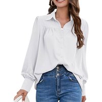 B.X 2-in-1-Shirt Damen-Blusenoberteil mit langen Ärmeln und Knöpfen lässig V-Ausschnitt Langarm-Hemden für Damen Reverskragen-Bluse einfarbig lockere Hemd von B.X