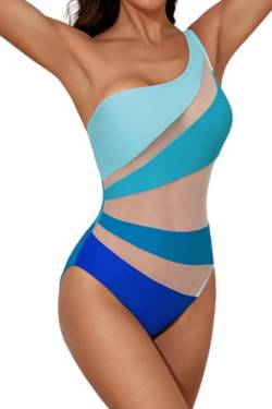 B2prity Damen Einteiler Badeanzüge Cut Out One Shoulder Badeanzug Sexy Mesh Colorblock 1 Stück Bademode, Blau, S von B2prity