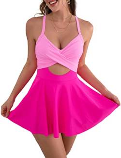 B2prity Einteiliger Damen-Badeanzug mit Ausschnitt, V-Ausschnitt, zum Raffen, Badekleid, Bauchkontrolle, Badeanzug, Knallpink (Hot Pink), Large von B2prity