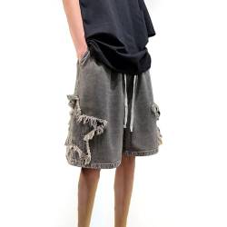BAAFCL Y2K Baggy Jorts Jean Shorts Star Bedruckte Denim Shorts Wide Leg Jeans Unisex Y2K Shorts Grunge Kordelzug Hose Cargohose (Color : Gray, Size : XL) von BAAFCL