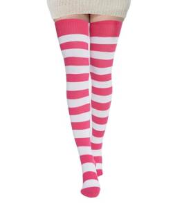 BABAHU Extra lange Damen-Socken aus Baumwolle, gestreift, Overknee-Socken, Fuchsia/Weiß, One size von BABAHU