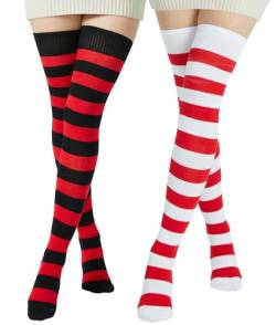 BABAHU Extra lange Damen-Socken aus Baumwolle, gestreift, Overknee-Socken, Y-Schwarz/Rot & Weiß/Rot, One size von BABAHU