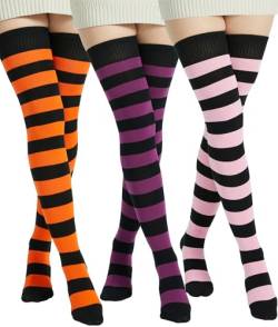 BABAHU Extra lange Overknee-Socken für Damen, Baumwolle, gestreift, ZZ-02-Lila/Orange/Pink, One size von BABAHU