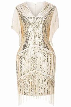 ArtiDeco 1920s Charleston Kleid Mini Damen Vintage Gatsby Kostüm Flapper 20er Jahre Cocktailkleid (Beige, M) von BABEYOND