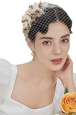 BABEYOND 1920er Fascinator Netzschleier Stirnband Braut Hochzeit Tee Party Fascinator Schleier für Frauen, beige, One size von BABEYOND