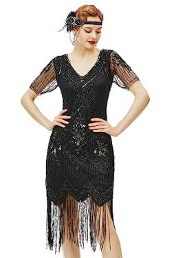 BABEYOND 1920er Jahre Art Deco Fransen Pailletten Kleid Brüllend 20er Jahre Flapper Kostüm, Schwarz, Groß von BABEYOND