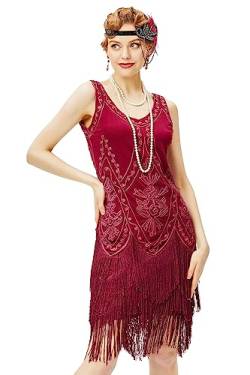 BABEYOND 1920er Jahre Flapper Kleid Brüllend 20er Jahre Great Gatsby Kostüm Kleid Fransen Verziertes Kleid, Weinrot, X-Groß von BABEYOND