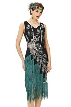 BABEYOND 1920er Jahre Vintage Pfau Pailletten Kleid Gatsby Fransen Flapper Kleid brüllend 20er Jahre Party Kleid, Schwarz mit grünen Fransen, Klein von BABEYOND