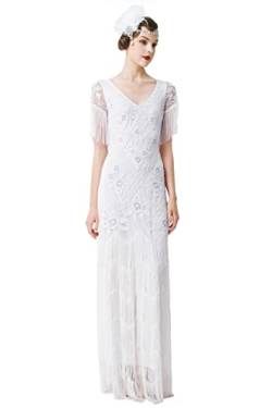 BABEYOND 1920s Damen Abendkleid Lange Fransen Pailletten Kleid Formale Maxikleid Mehrschichtiges Ballkleid, Weiß, XX-Large von BABEYOND