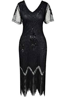 BABEYOND 1920s Kleid Damen Flapper Kleid mit Kurzem Ärmel Gatsby Motto Party Damen Kostüm Kleid (Schwarz, 3XL) von BABEYOND