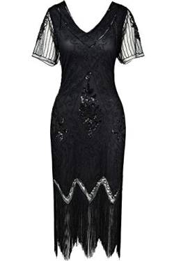BABEYOND 1920s Kleid Damen Flapper Kleid mit Kurzem Ärmel Gatsby Motto Party Damen Kostüm Kleid (Schwarz, S) von BABEYOND