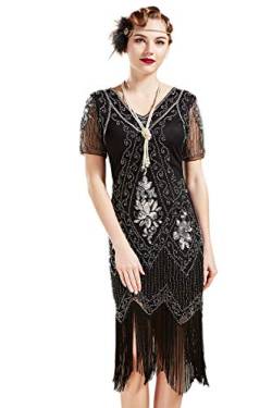 BABEYOND 1920s Kleid Damen Flapper Kleid mit Kurzem Ärmel Gatsby Motto Party Damen Kostüm Kleid (SchwarzSilbern, L) von BABEYOND