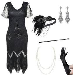 BABEYOND 1920s Kleid Damen Flapper Kleid mit Kurzem Ärmel Gatsby Motto Party Damen Kostüm Kleid Set (Schwarz,XXL) von BABEYOND