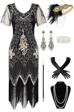 BABEYOND 1920s Kleid Damen Flapper Kleid mit Kurzem Ärmel Gatsby Motto Party Damen Kostüm Kleid Set (SchwarzGold,XXXL) von BABEYOND