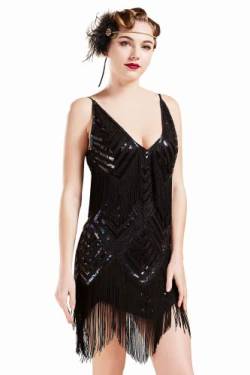 BABEYOND 1920s Kleid Damen Sexy V Ausschnitt Flapper Charleston Kleid 20er Jahre Retro Stil Great Gatsby Motto Party Damen Fasching Kostüm Kleid (Schwarz XS) von BABEYOND