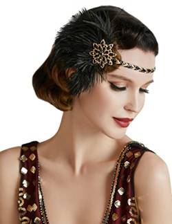BABEYOND 1920s Stirnband Feder Damen 20er Jahre Stil Flapper Showgirl Charleston Haarband Great Gatsby Damen Fasching Kostüm Accessoires (1-Schwarz Gold) von BABEYOND