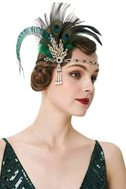 BABEYOND 1920s Stirnband mit Feder Strass Blatt Muster Damen 20er Jahre Stil Flapper Charleston Haarband Great Gatsby Damen Fasching Kostüm Accessoires (Pfau Grün) von BABEYOND