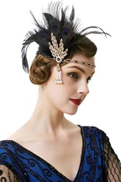 BABEYOND 1920s Stirnband mit Feder Strass Blatt Muster Damen 20er Jahre Stil Flapper Charleston Haarband Great Gatsby Damen Fasching Kostüm Accessoires (Pfau Schwarz) von BABEYOND