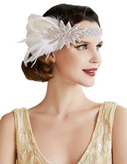 BABEYOND Damen 1920er Feder Stirnband 20er Jahre Stil Flapper Charleston Haarband Great Gatsby Damen Fasching Kostüm Accessoires Feder mit Satin Band Weiß von BABEYOND