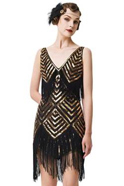 BABEYOND Damen 1920er Jahre Flapper Kleid V Ausschnitt Slip Kleid Roaring 20s Great Gatsby Kleid für Party, Schwarz Gold, Klein von BABEYOND