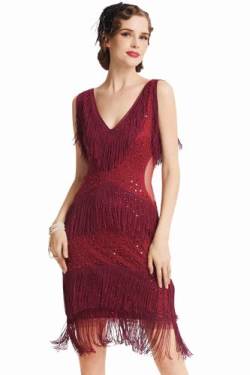 BABEYOND Damen 1920s Kleid V Ausschnitt Ärmellos Sexy Transparent Taille Flapper Fransen Kleid 20er Jahre Paillettenkleider Great Gatsby Cocktail Party Damen Fasching Kostüm Kleid (Weinrot XL) von BABEYOND