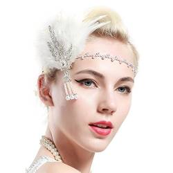 BABEYOND Damen Feder Stirnband 1920s Stil Flapper Art Deco Inspiriert von Great Gatsby Blatt Blinkende Kristalle Haarband (Weiß) von BABEYOND