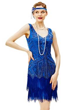 BABEYOND Damen Flapper Kleider 1920er Jahre V Ausschnitt Perlen Fransen Great Gatsby Kleid, blau, Small von BABEYOND