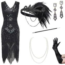 BABEYOND Damen Flapper Kleider 1920er Jahre V-Ausschnitt Perlen Fransen Great Gatsby Kleid Set, Set - Schwarz - 2, 48 von BABEYOND