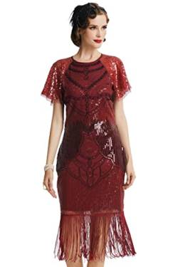 BABEYOND Damen Gatsby Kleid 1920er Jahre Flapper Kurzes Kleid Pailletten Perlen Fransen Kleid für Party, Weinrot, Klein von BABEYOND