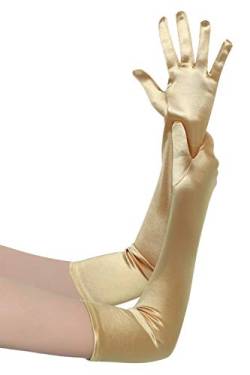 BABEYOND Damen Handschuhe Satin Classic Opera Fest Party Audrey Hepburn Handschuhe 1920er Stil Handschuhe Elastisch Erwachsene Größe Ellenbogen bis Handgelenk Länge 52/55cm (Lang Glatt 52cm / Gold) von BABEYOND